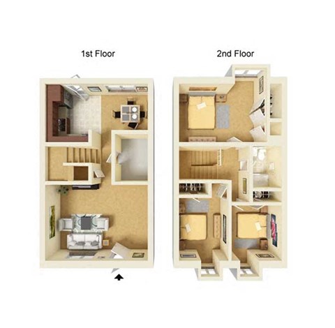 A diagram shows the layout of a one-bedroom apartment on the first and second floors.